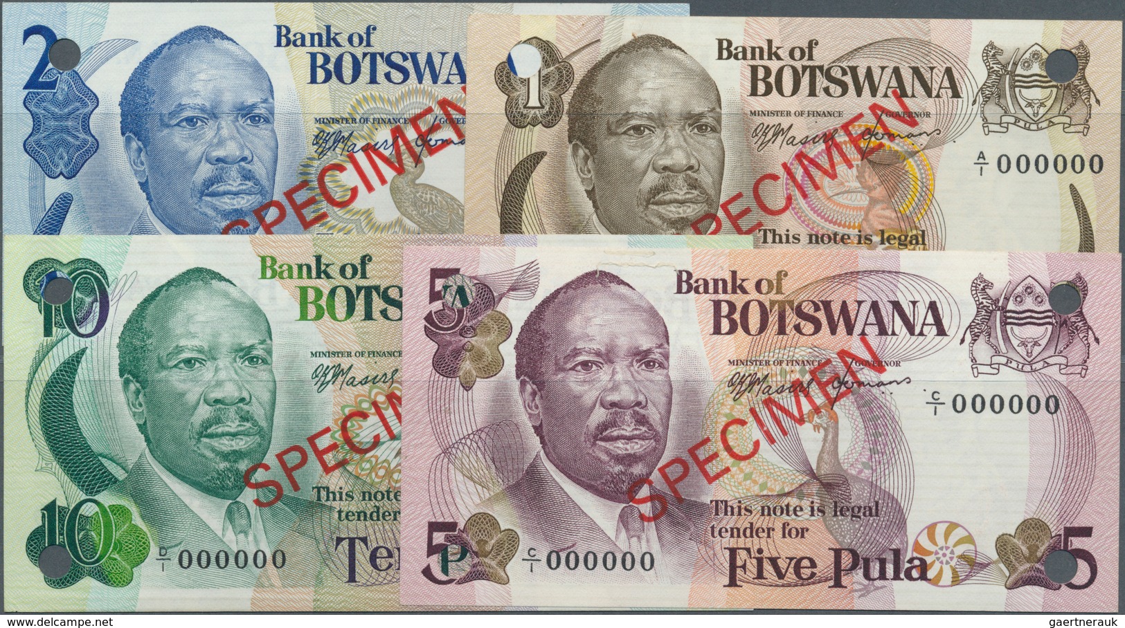 Botswana: Set With 4 Specimen Notes Of The ND (1976-1979) "Pres. Seretse Khama" Issue With 1, 2, 5 A - Botswana