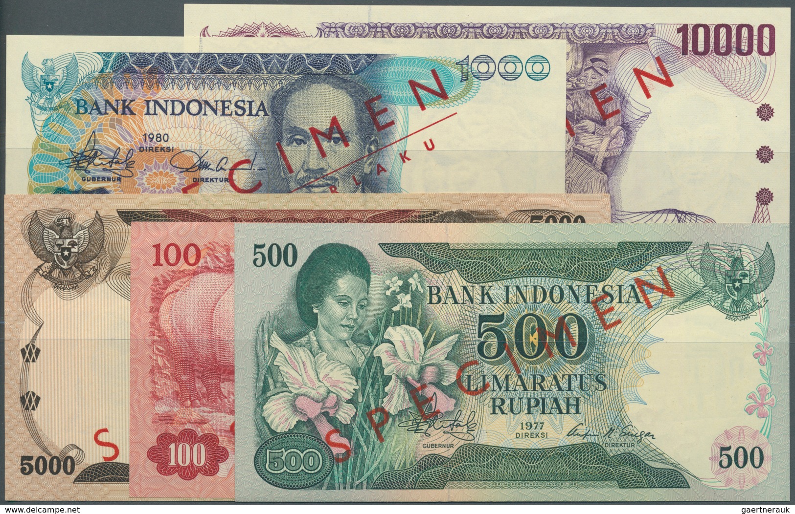 Indonesia / Indonesien: Set With 5 Specimens 5000 Rupiah 1975, 100 Rupiah 1977, 500 Rupiah 1977, 10. - Indonesia