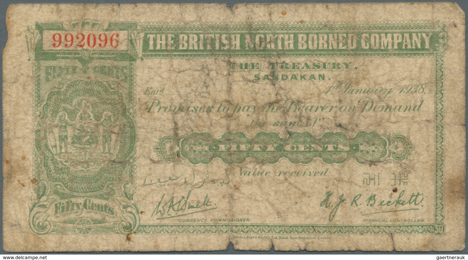 British North Borneo: 50 Cents 1938 In Stronger Used Condition With Several Folds, Creases, Stain An - Altri – Africa