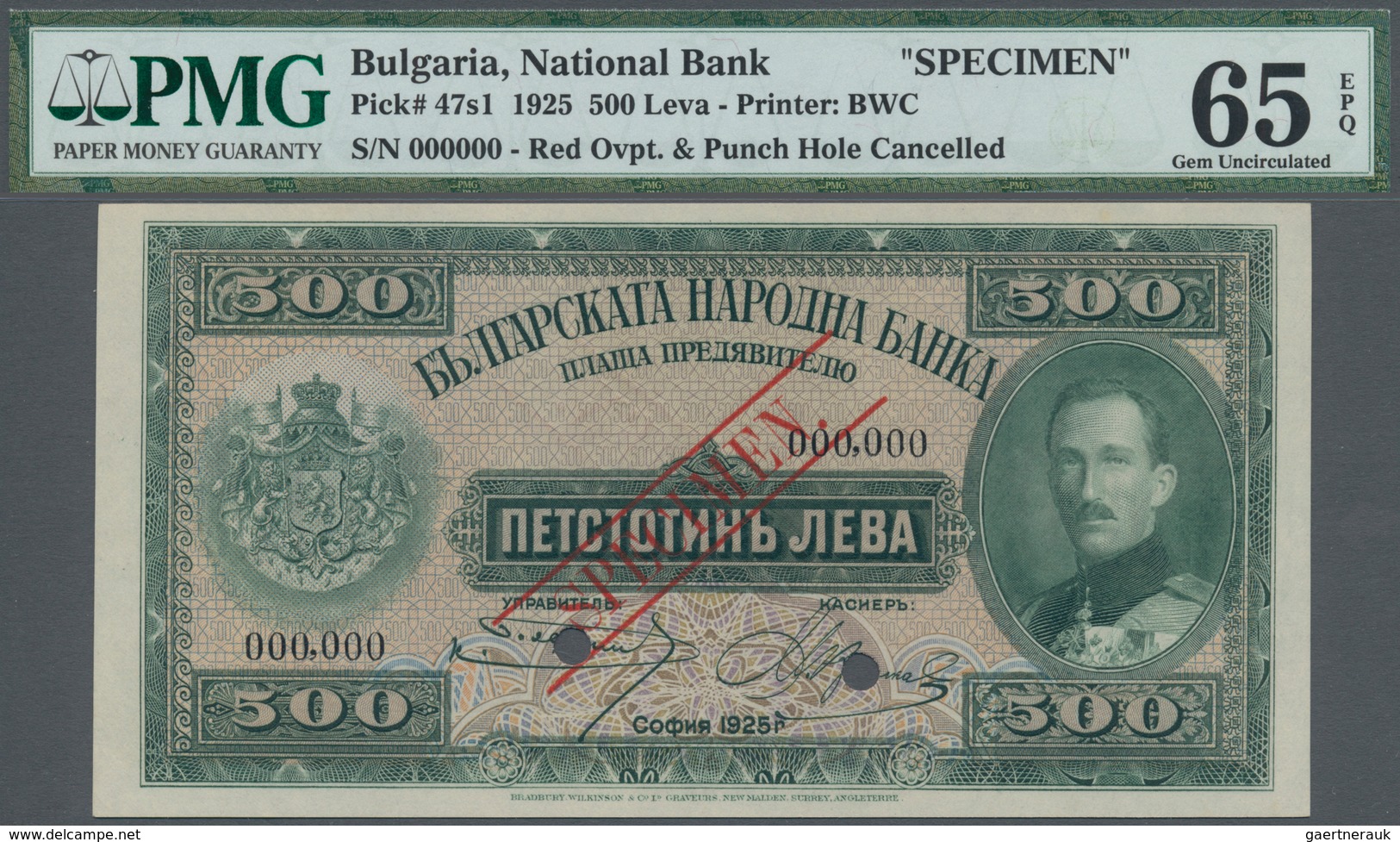 Bulgaria / Bulgarien: 500 Leva 1925 SPECIMEN, P.47s1, Printer BWC With Punch Hole Cancellation And R - Bulgaria