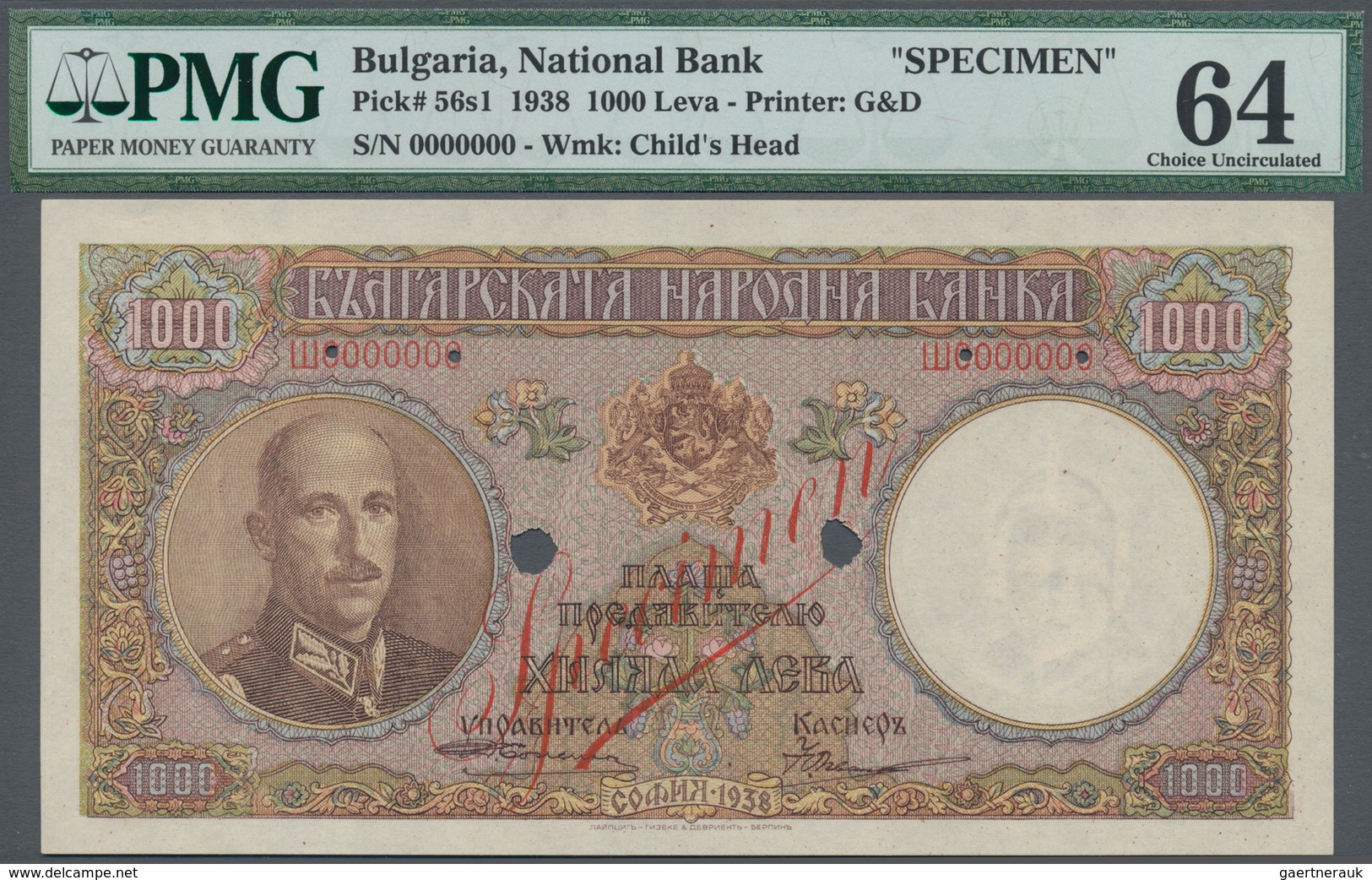 Bulgaria / Bulgarien: 1000 Leva 1938 SPECIMEN, P.56s, Printer G&D With Red Overprint SPECIMEN And 6 - Bulgaria