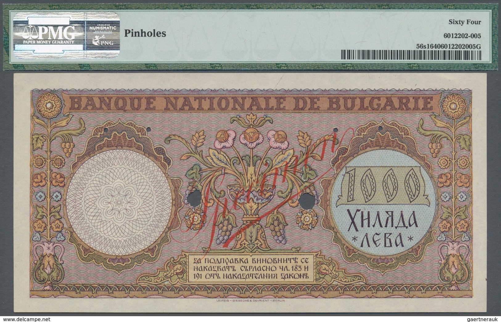 Bulgaria / Bulgarien: 1000 Leva 1938 SPECIMEN, P.56s, Printer G&D With Red Overprint SPECIMEN And 6 - Bulgaria
