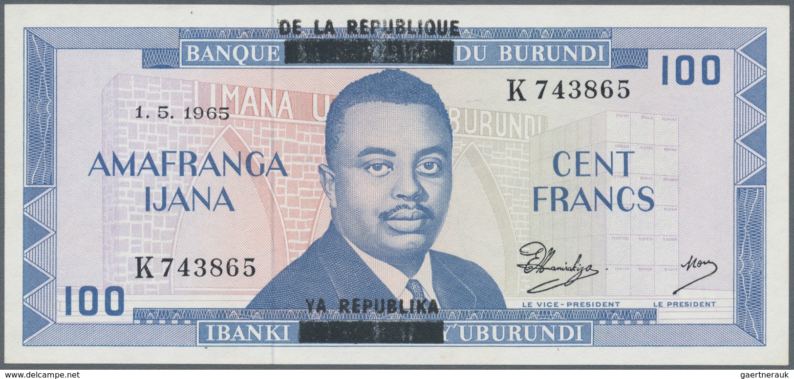 Burundi: 100 Francs 01.05.1965 P. 17, With Black Overprint "De La Republique", S/N #K743865, In Exce - Burundi