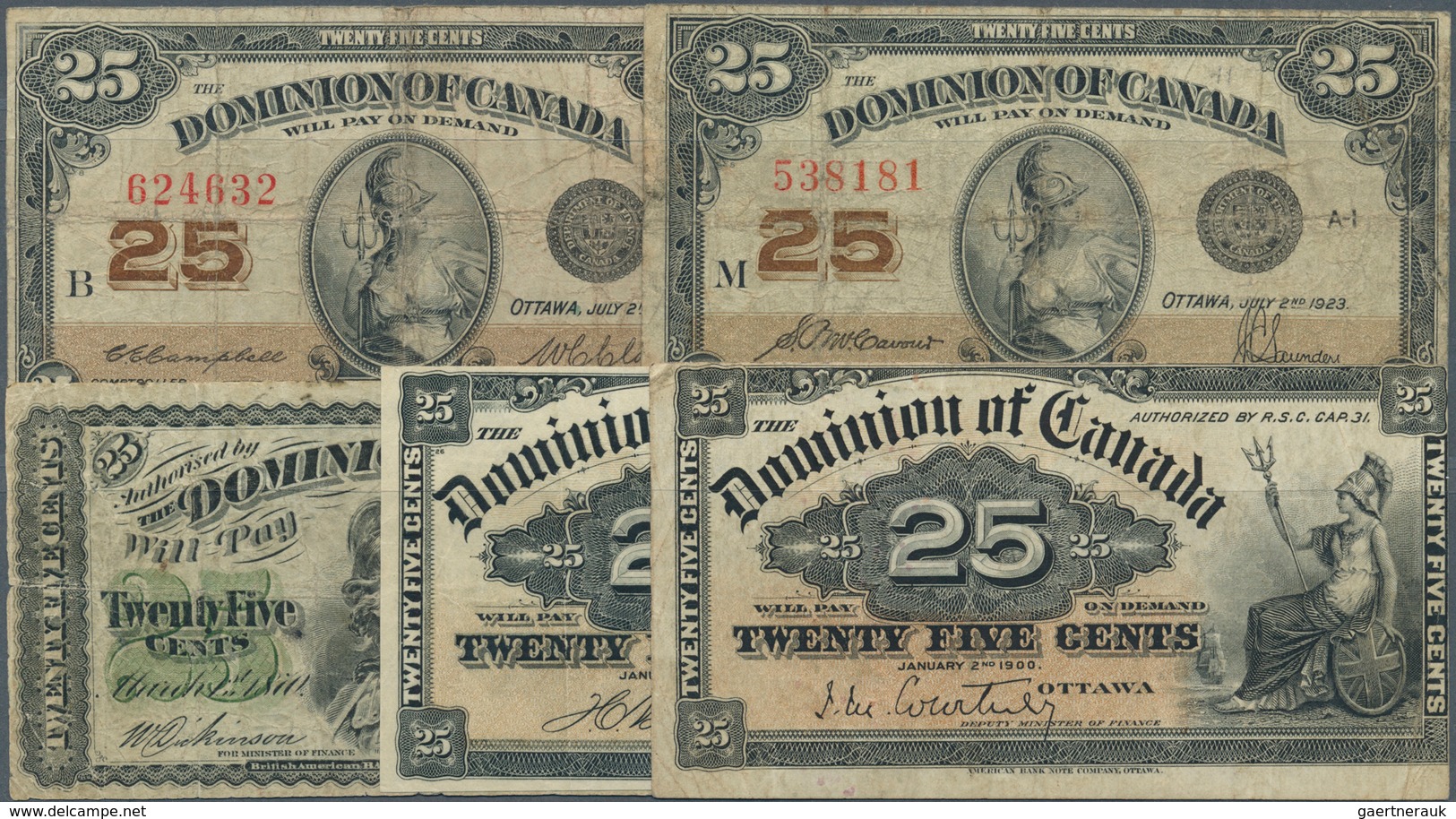 Canada: Dominion Of Canada, Set With 5 Banknotes 25 Cents 1870, 1900 With Signatures Courtney And Bo - Canada