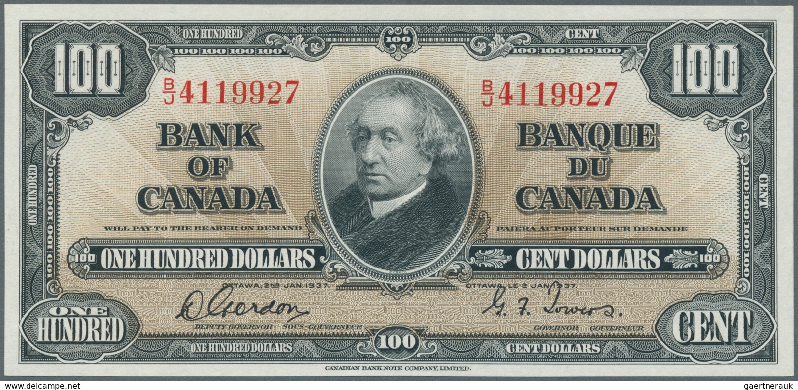 Canada: 100 Dollars 1937 With Signature Gordon & Towers P.64b, Highly Rare Banknote In Almost Perfec - Canada