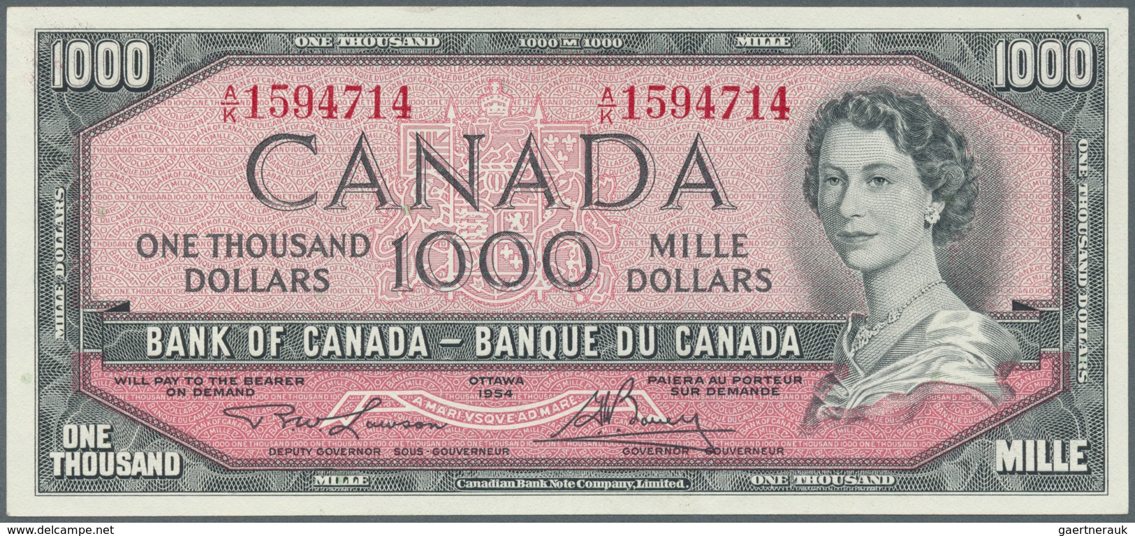 Canada: 1000 Dollars 1954, Signature Lawson & Bouey, P.83a, Very Rare And Highest Denomination Of Th - Canada