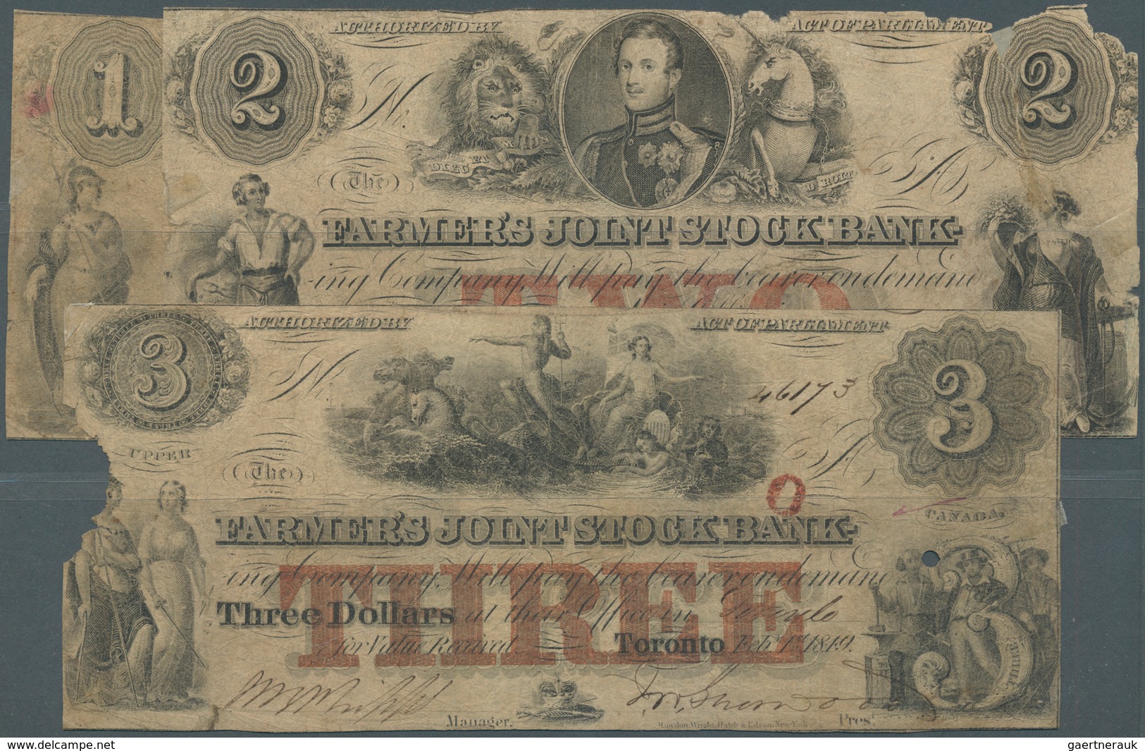 Canada: The Farmers Joint Stock Bank, Set With 3 Banknotes 1, 2 And 3 Dollars 1849, P.S1766-S1768, A - Canada