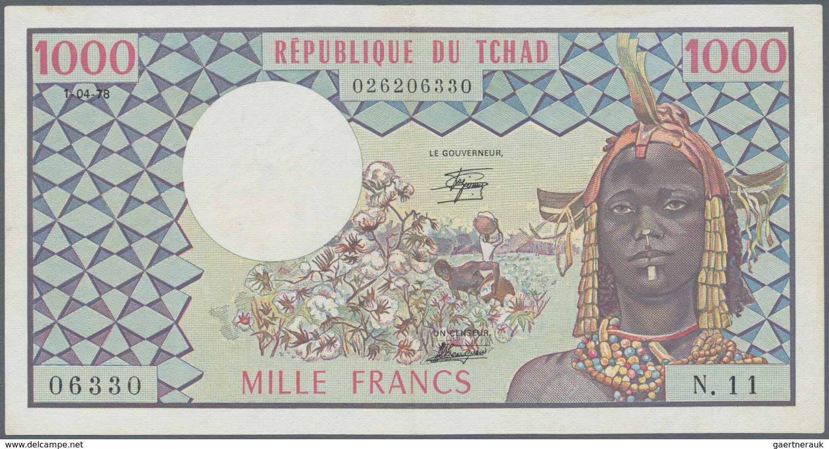 Chad / Tschad: 1000 Francs ND(1974) P. 3, Light Center Fold, Pressed, No Holes Or Tears, One Minor S - Tschad