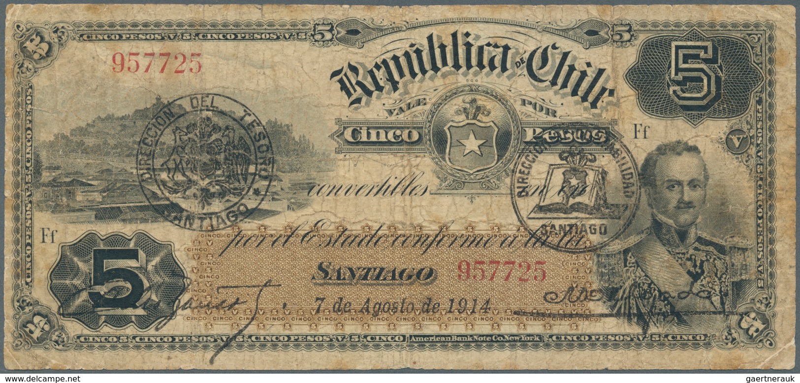 Chile: Republica De Chile 5 Pesos 1914, Printer ABNC, P.19b, Rare Note In Still Good Condition, With - Cile