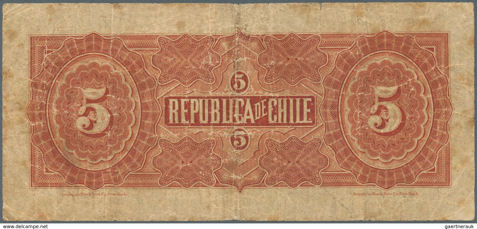 Chile: Republica De Chile 5 Pesos 1914, Printer ABNC, P.19b, Rare Note In Still Good Condition, With - Cile