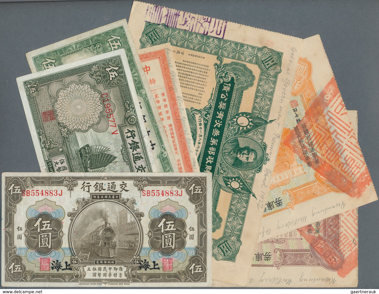 China: Very Nice Lot With 5 Banknotes, Containing Bank Of Communications 5 Yuan 1914 Issued In Shang - China