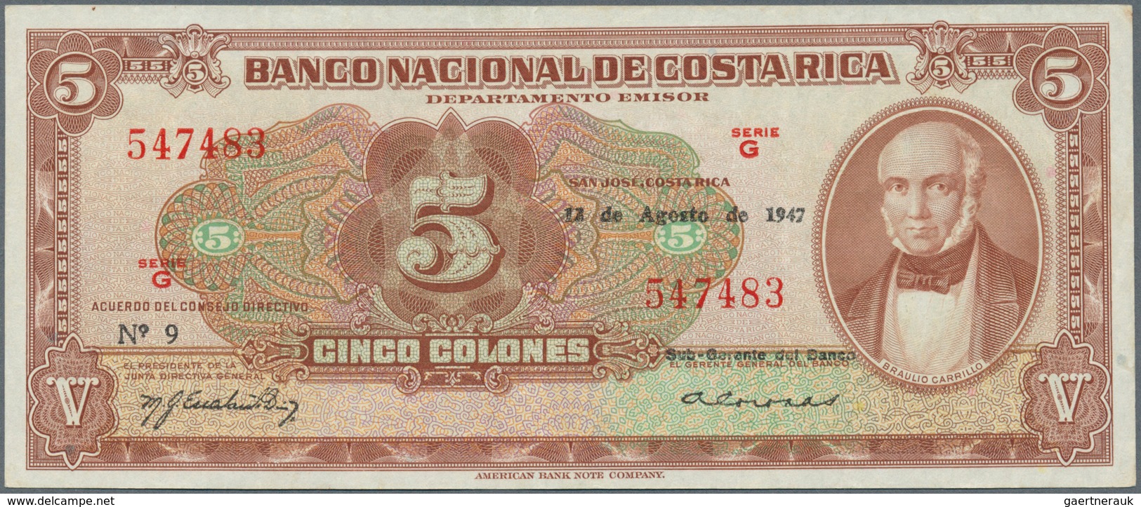 Costa Rica: 5 Colones 1947 P. 209c, S/N 57483, Light Handling In Paper, Otherwise Perfect, More Rare - Costa Rica