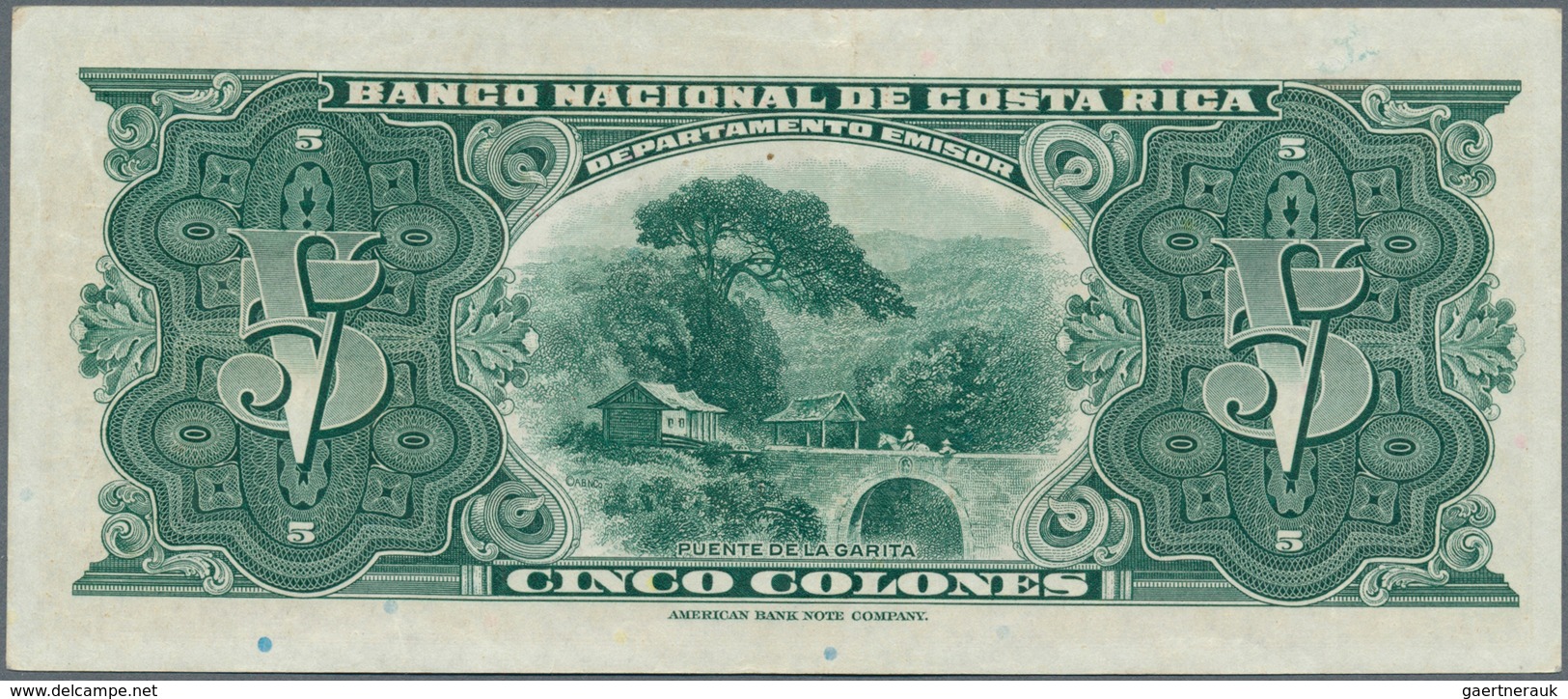 Costa Rica: 5 Colones 1947 P. 209c, S/N 57483, Light Handling In Paper, Otherwise Perfect, More Rare - Costa Rica