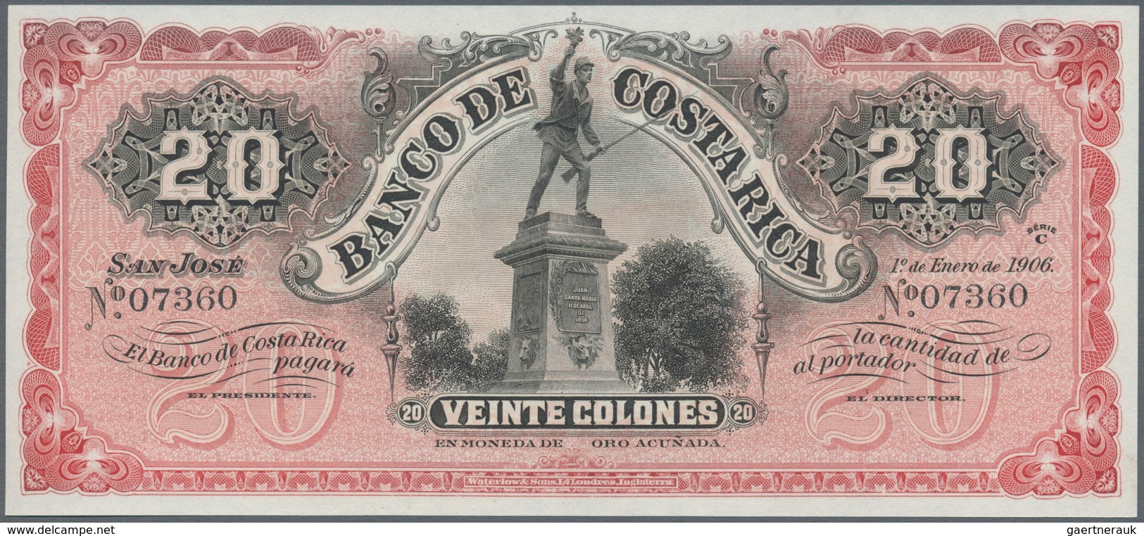 Costa Rica: 20 Colones 1906 P. S179, Remainder Without Signatures, In Crisp Original Condition: UNC. - Costa Rica