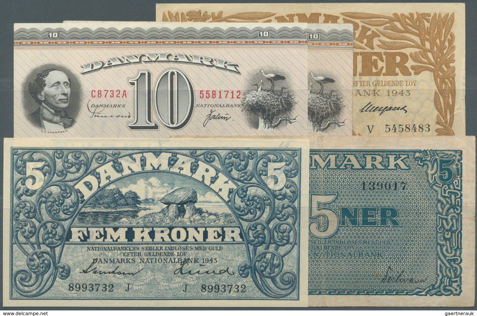 Denmark  / Dänemark: Set Of 5 Notes Containing 5 Kroner 1943 P. 30 (UNC), 10 Kroner 1943 P. 31 (XF+) - Dinamarca