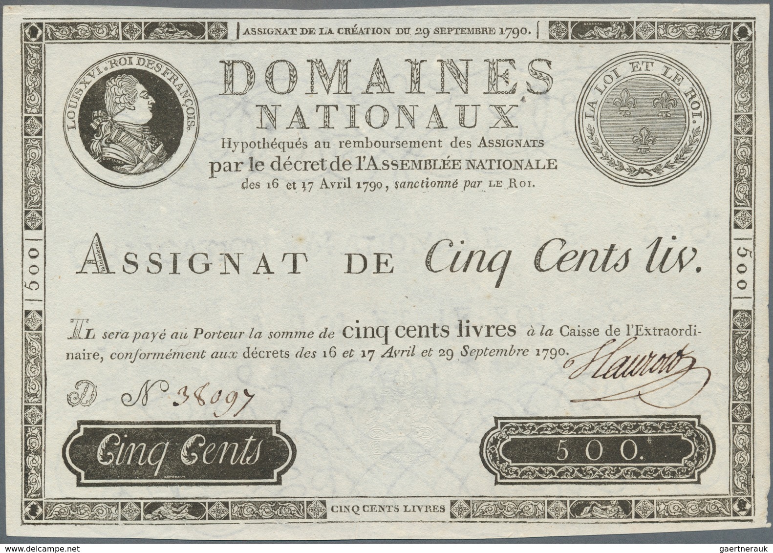 France / Frankreich: Domaines Nationaux 500 Livres 1790 Assignat, Extremely Rare And High Denomoinat - 1955-1959 Sobrecargados (Nouveau Francs)