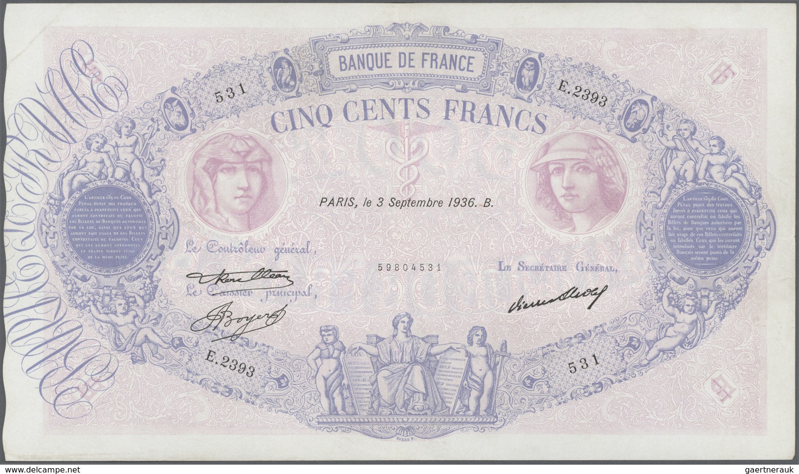 France / Frankreich: 500 Francs 1936 P. 66, Used With Folds, Minor Pinholes, Pressed But No Tears, N - 1955-1959 Sovraccarichi In Nuovi Franchi