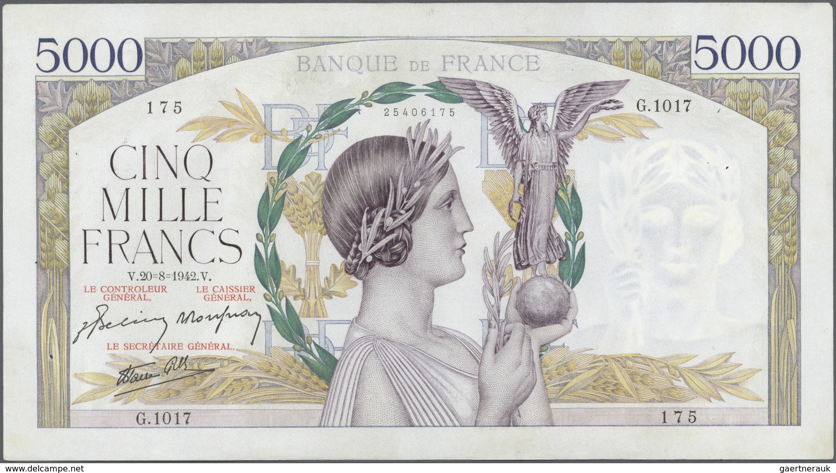 France / Frankreich: Set Of 2 CONSECUTIVE Notes 5000 Francs "Victoire" 1941 P. 97, S/N 25406175 & -1 - 1955-1959 Sobrecargados (Nouveau Francs)