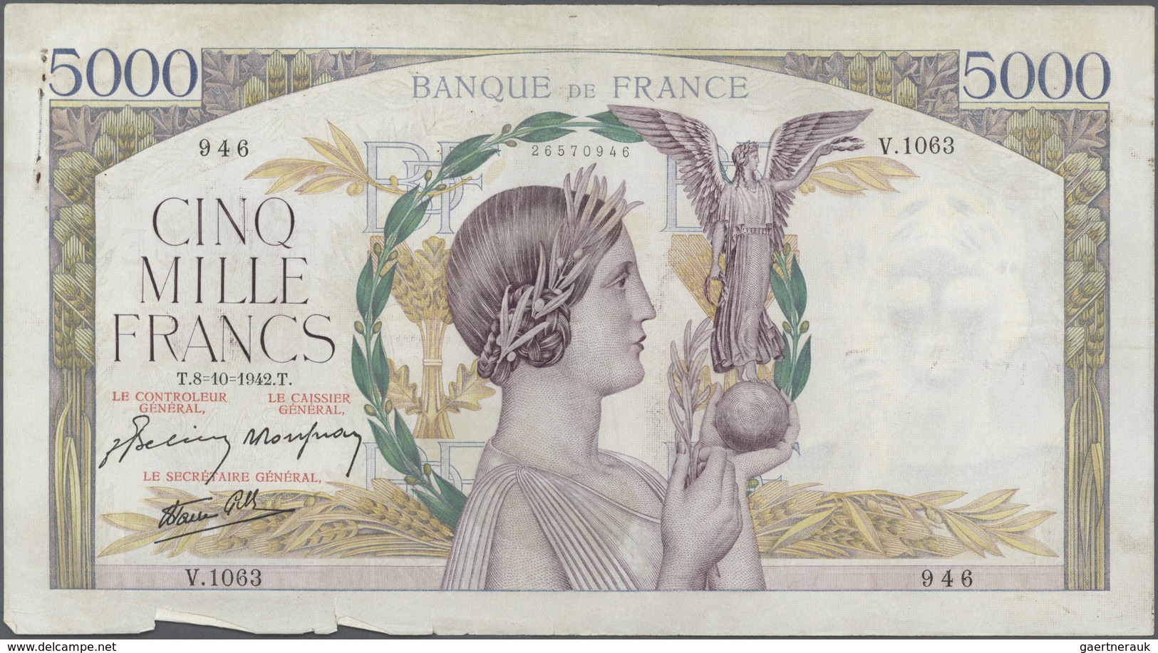 France / Frankreich: Large Lot Of 10 CONSECUTIVE Notes Of 5000 Francs "Victoire" 1942 P. 97 Numberin - 1955-1959 Sobrecargados (Nouveau Francs)
