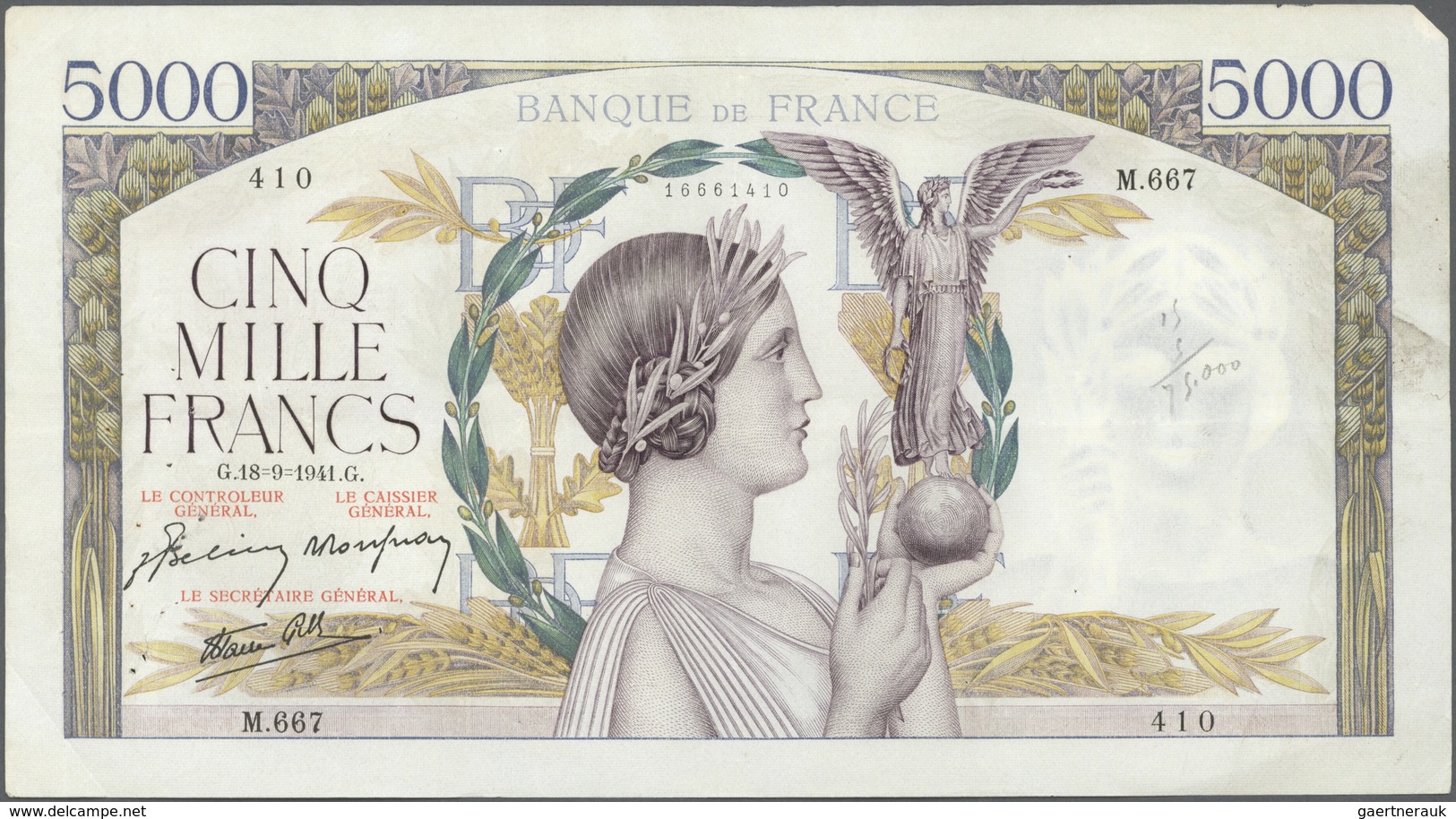 France / Frankreich: set of 22 notes 5000 Francs 1939-43 "Victoire" P. 97, all notes used with folds