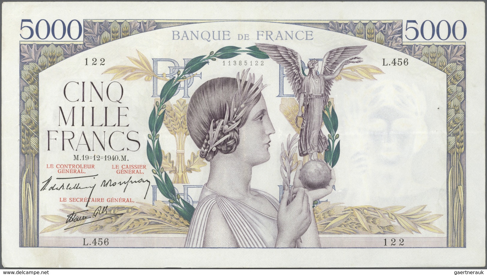 France / Frankreich: set of 22 notes 5000 Francs 1939-43 "Victoire" P. 97, all notes used with folds