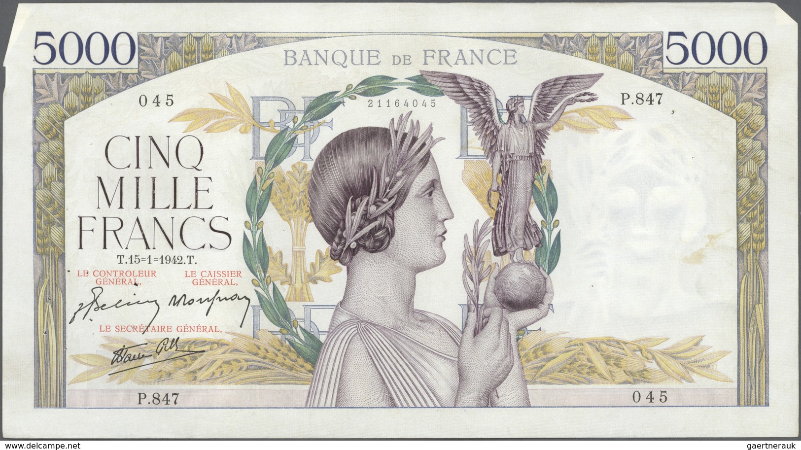 France / Frankreich: set of 22 notes 5000 Francs 1939-43 "Victoire" P. 97, all notes used with folds