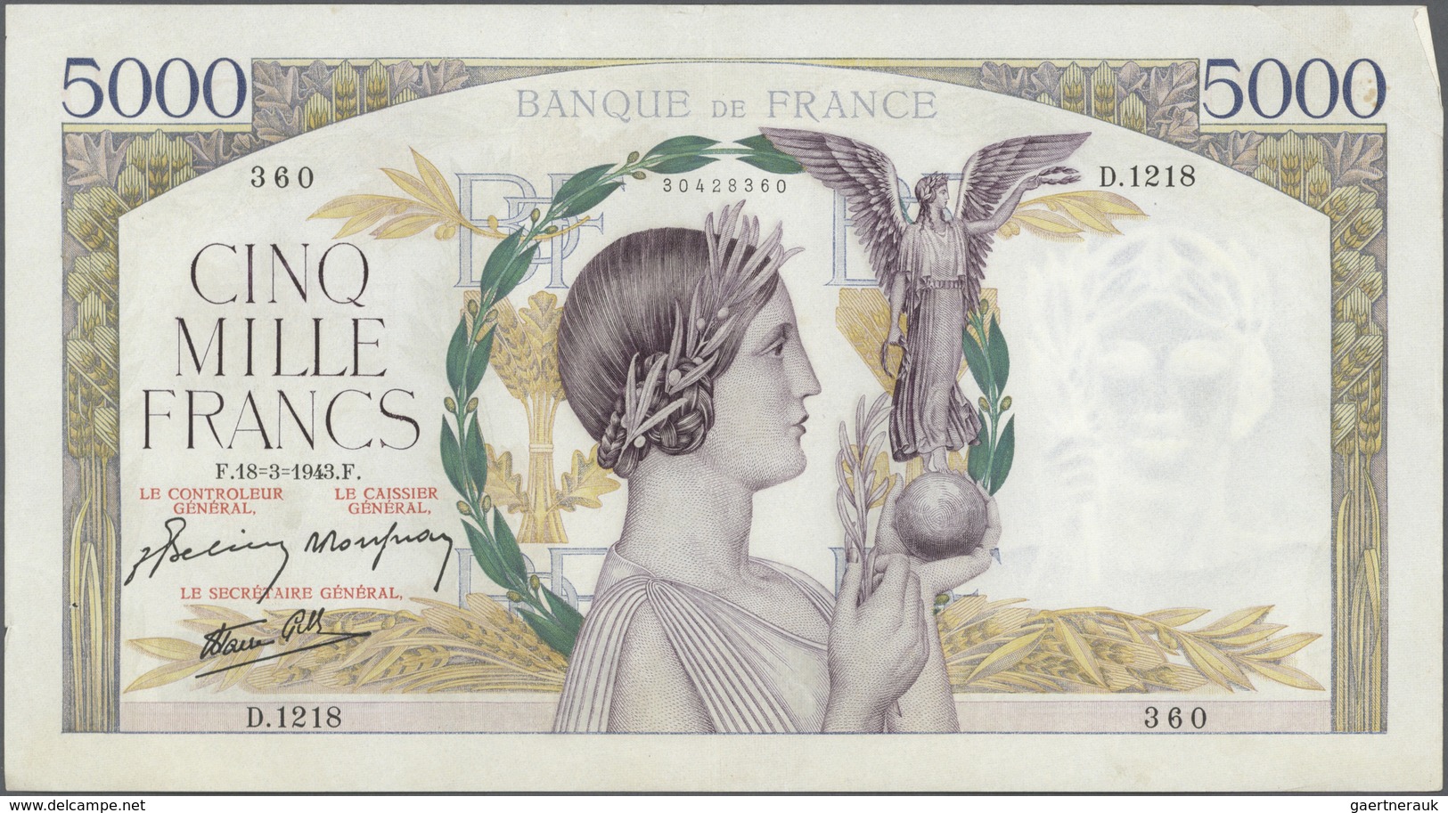 France / Frankreich: Set Of 2 CONSECUTIVE Notes 5000 Francs "Victoire" 1943 P. 97, S/N 30428360 & -3 - 1955-1959 Sobrecargados (Nouveau Francs)