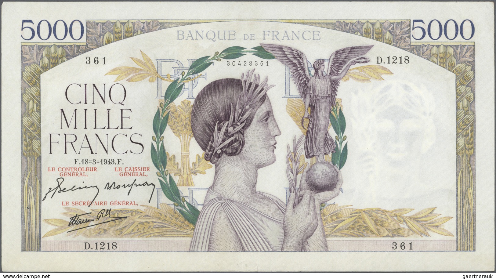 France / Frankreich: Set Of 2 CONSECUTIVE Notes 5000 Francs "Victoire" 1943 P. 97, S/N 30428360 & -3 - 1955-1959 Sobrecargados (Nouveau Francs)