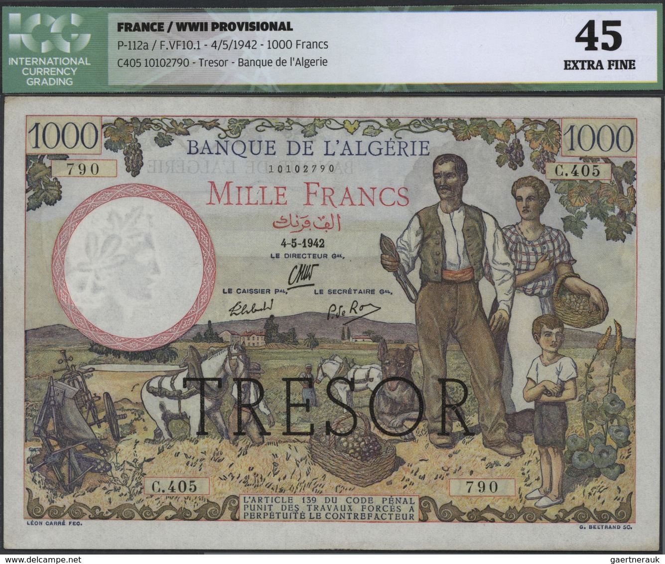 France / Frankreich: 1000 Francs Trésor Central 1942 (Revalidation Overprint "TRÉSOR", 1945), Issued - 1955-1959 Sovraccarichi In Nuovi Franchi