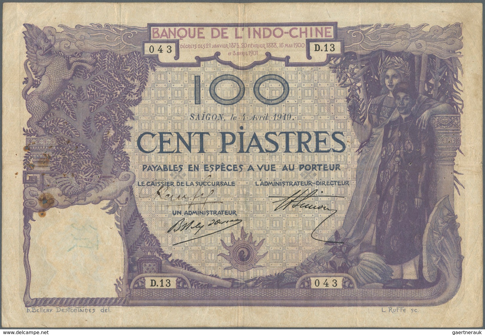 French Indochina / Französisch Indochina: 100 Piastres 1919 P. 39 Issued In Saigon, Used With Vertic - Indochina