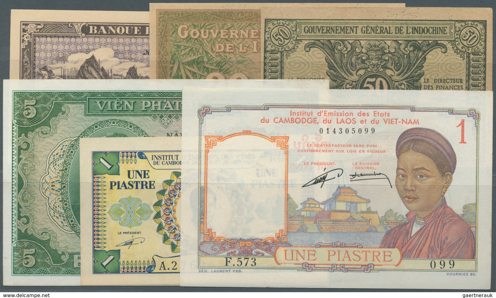 French Indochina / Französisch Indochina: Set Of 6 Banknotes Containing 1 Piastre ND P. 59 (UNC), 20 - Indochina