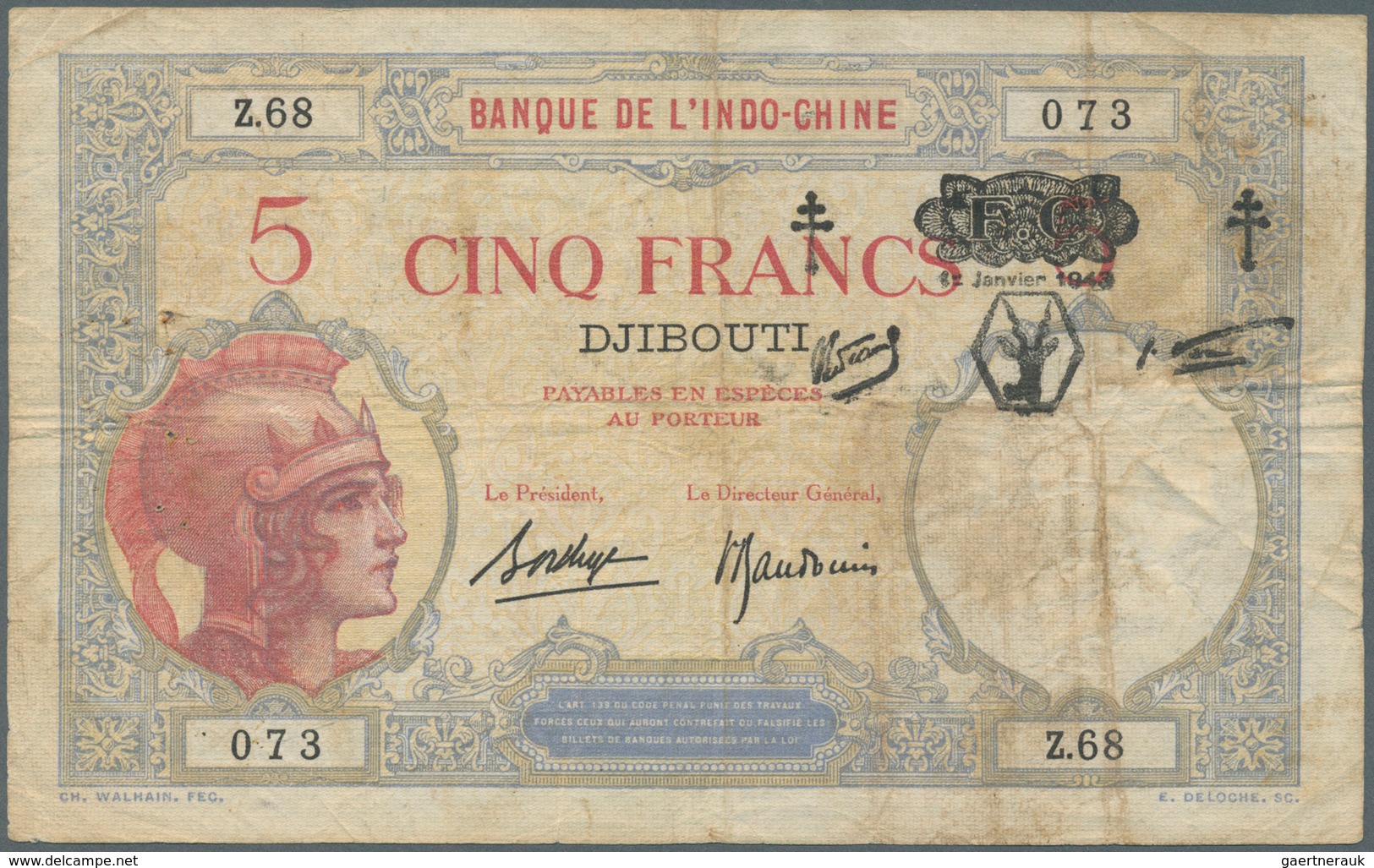 French Somaliland / Französisch Somaliland: Banque De L'Indochine - 5 Francs 1943 With Overprint Cro - Autres - Afrique