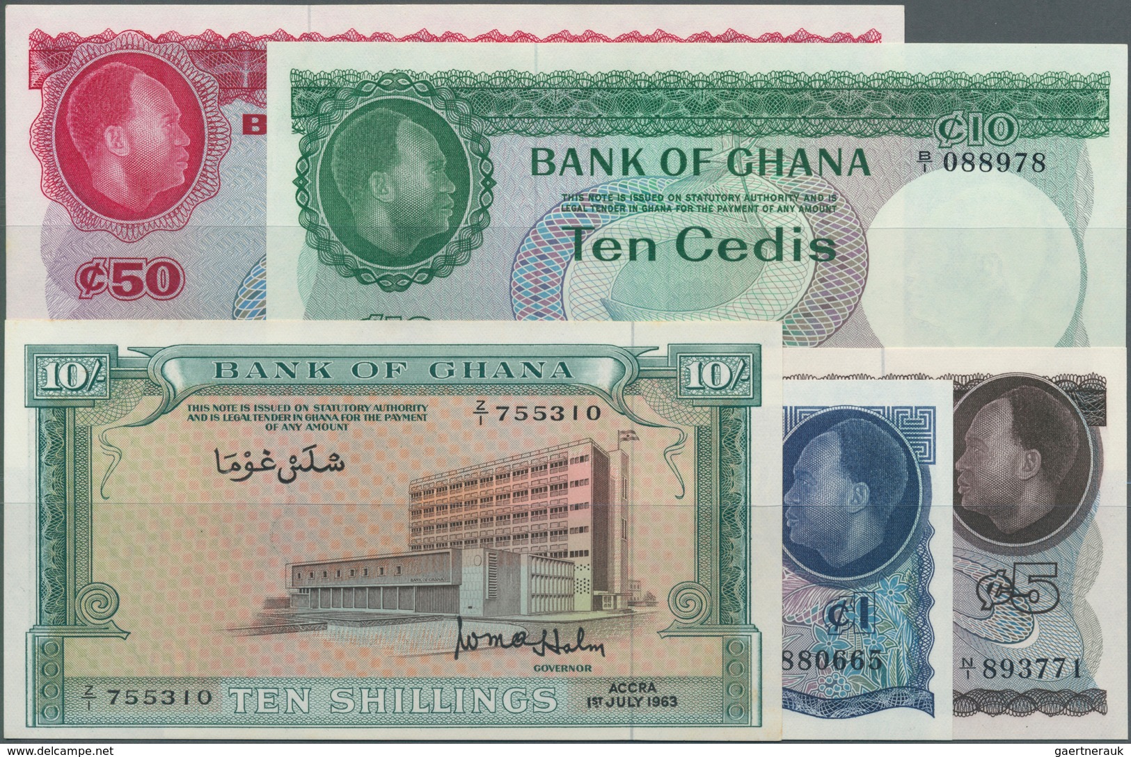Ghana: Set Of 5 Notes Containing 10 Shillings 1963 P. 1 (UNC), 1 Cedi ND P. 5 (UNC), 5 Cedis ND P. 6 - Ghana