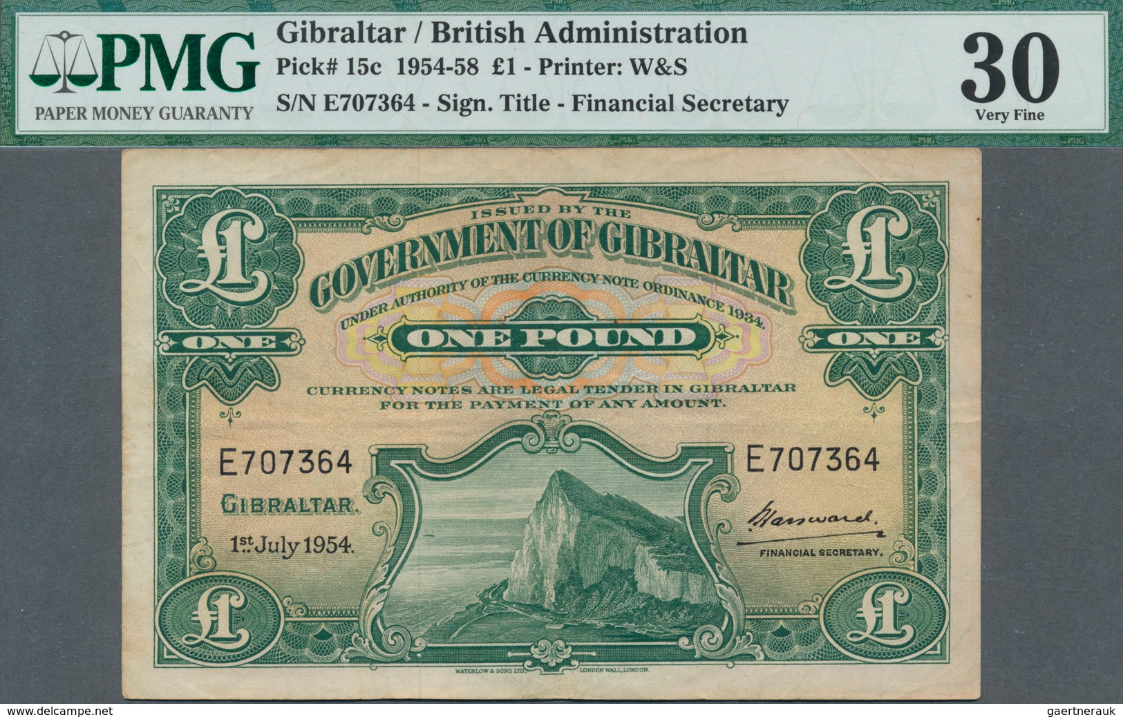 Gibraltar: 1 Pound 1954, P.15c, Lightly Toned Paper And A Few Folds, PMG Graded 30 Very Fine - Gibilterra