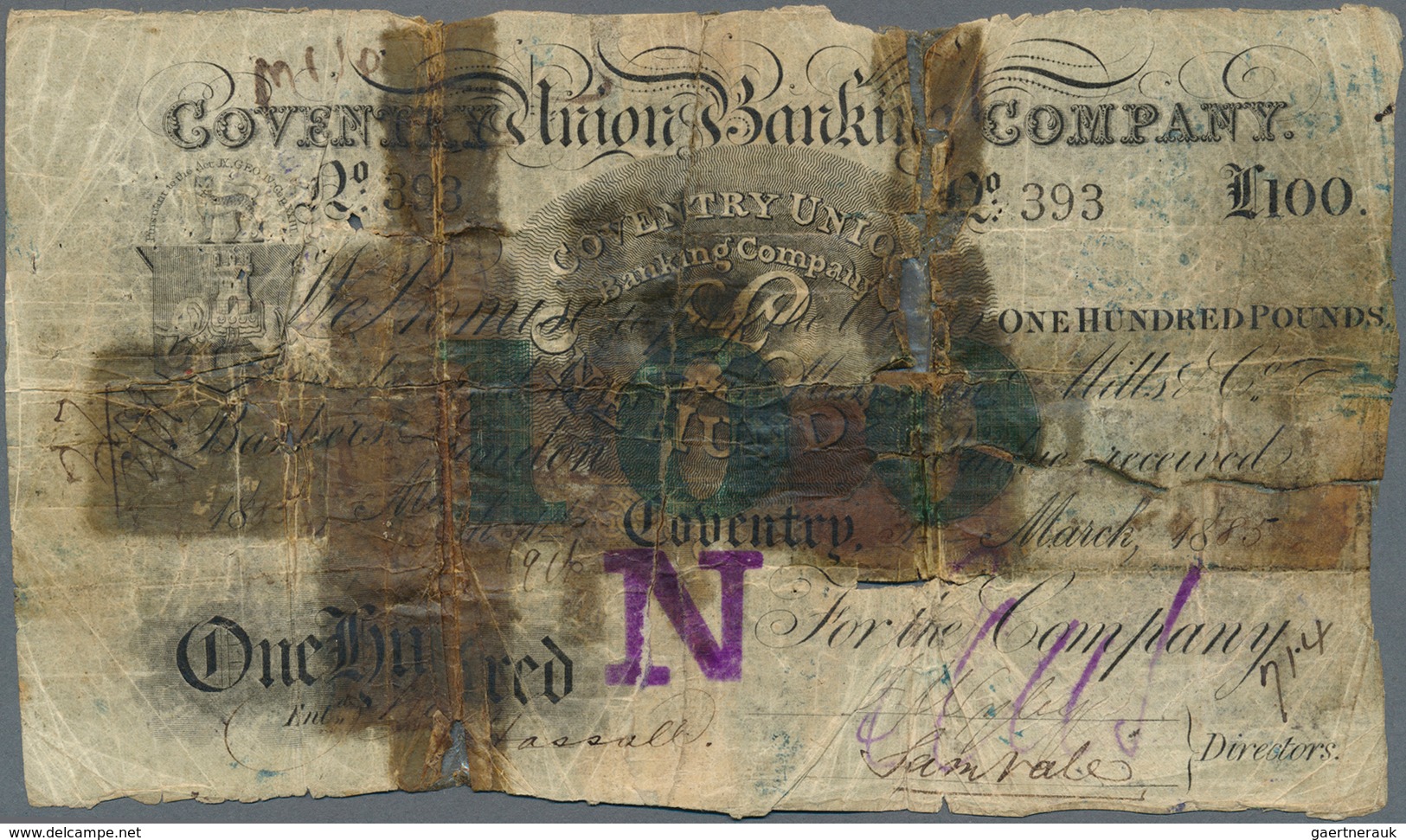 Great Britain / Großbritannien: Coventry Union Banking Company 100 Pounds 1885, P.NL, Highly Rare An - Altri & Non Classificati