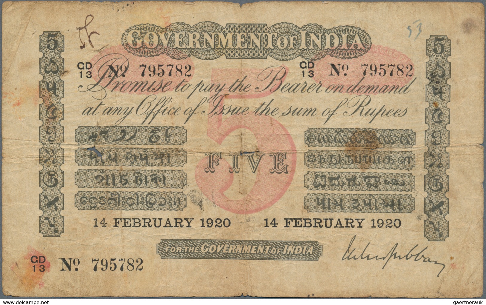 India / Indien: Government Of India 5 Rupees 1920 P. A6, Used With Several Folds And Stain In Paper, - India