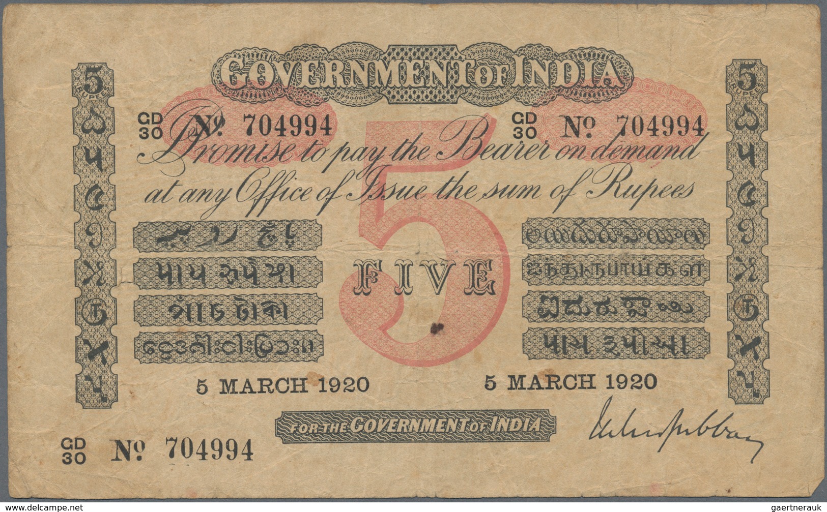 India / Indien: 5 Rupees March 5th 1920, P.A6 In F. Rare! - India