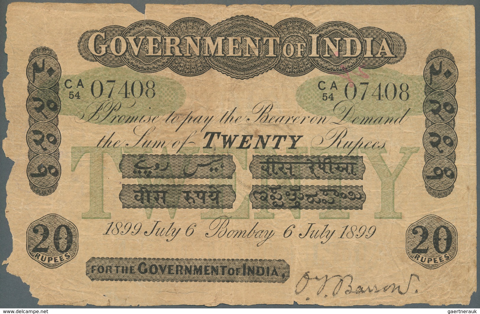 India / Indien: Highly Rare Government Of India 20 Rupees 1899 P. A11, Stronger Used With Folds And - India