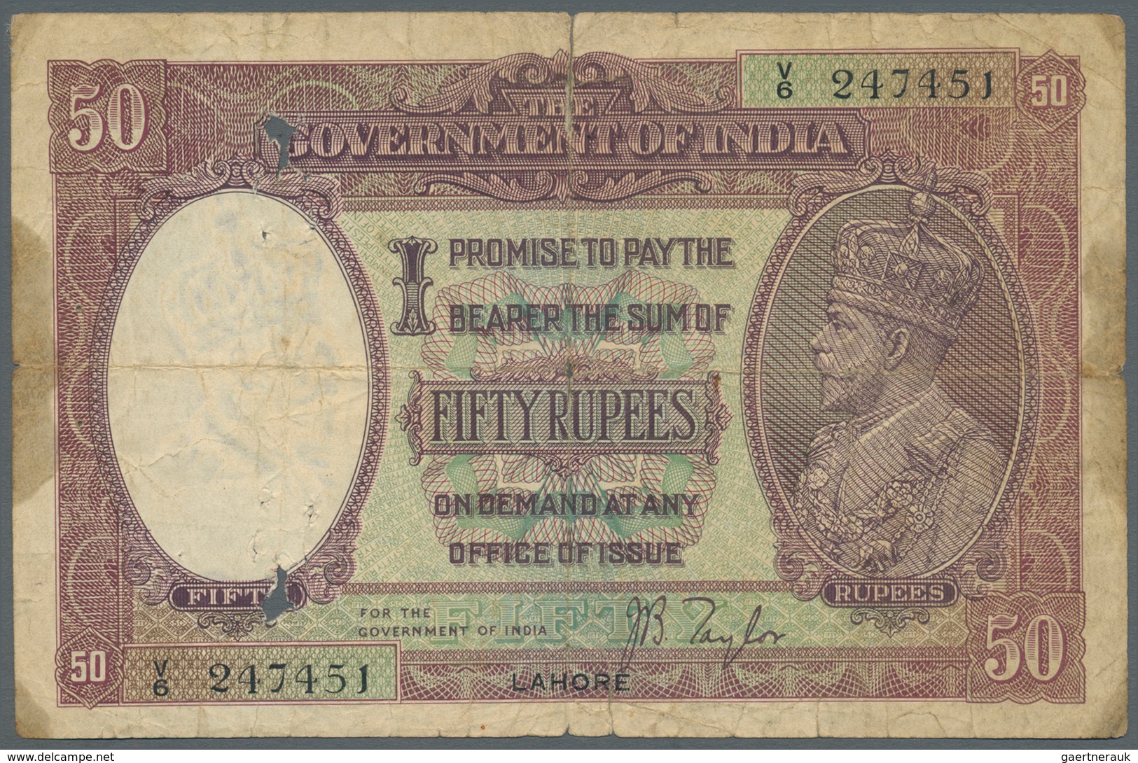 India / Indien: 50 Rupees ND(1930) LAHORE, Sign. Taylor, P. 9, Used With Very Strong Folds, Stained - India