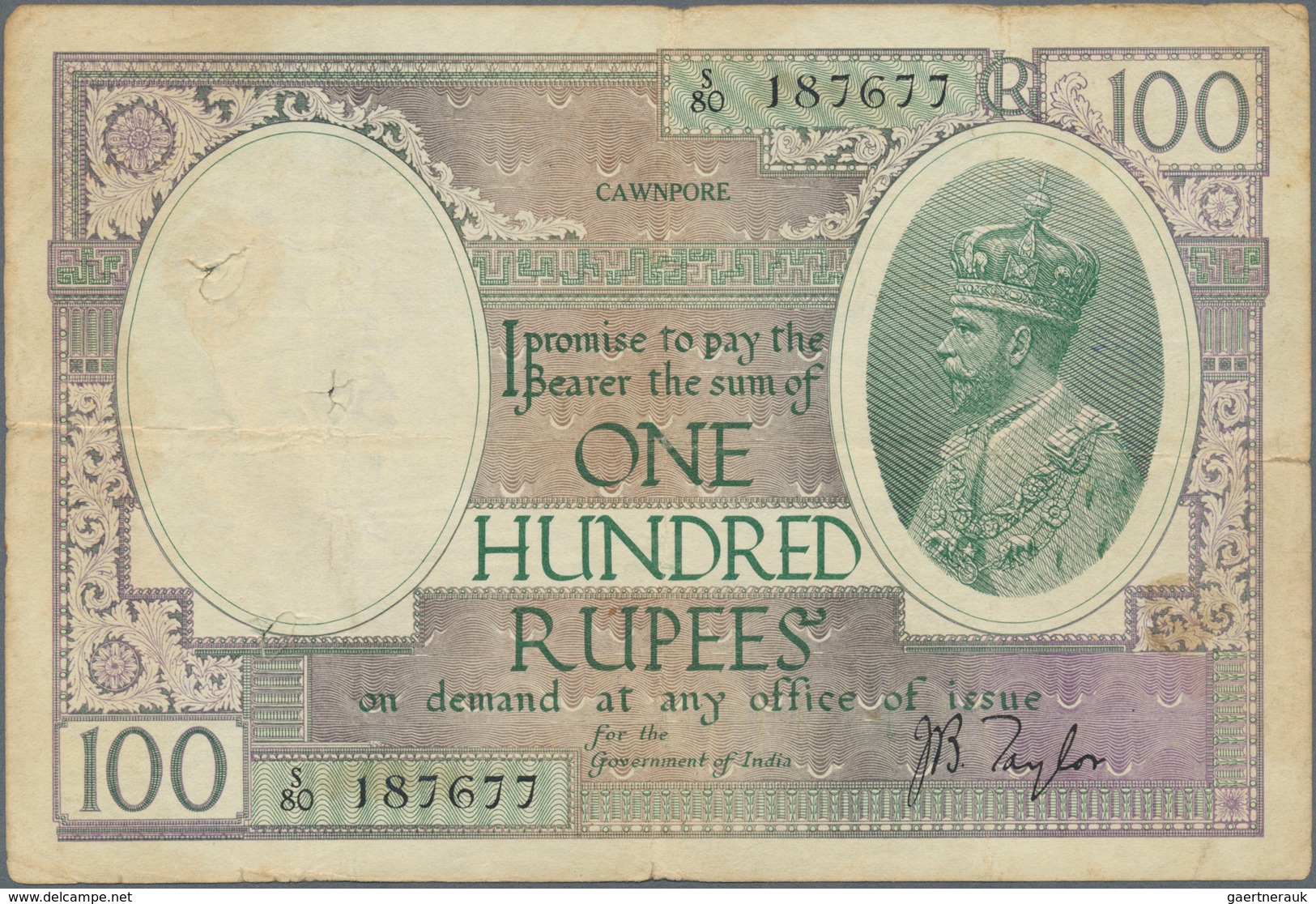 India / Indien: 100 Rupees ND(1917-30) CAWNPORE Issue, Sign. Taylor, P. 10j, Rare Issue Region, Used - India