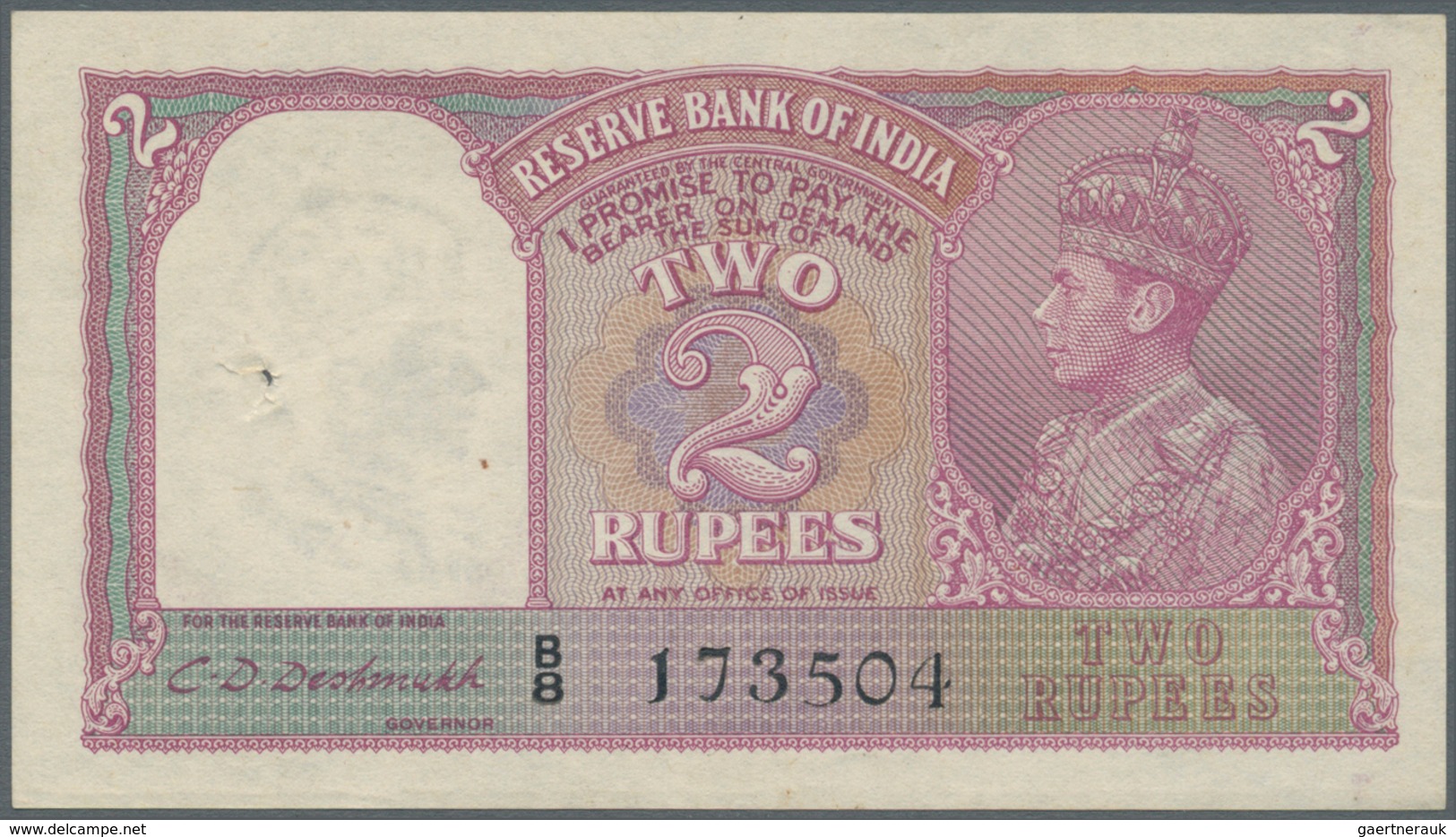 India / Indien: 2 Rupees ND P. 17b, Portrait KGVI Sign. Taylor, One Usual Pinhole At Left, No Folds, - India