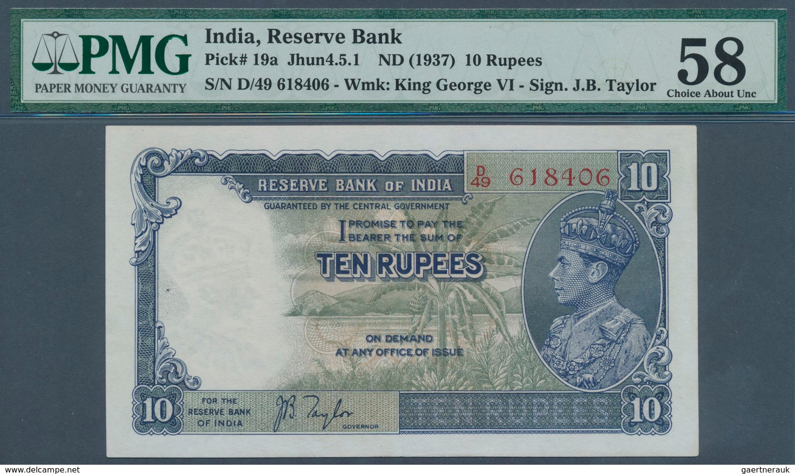 India / Indien: 10 Rupees ND(1937) P. 19a In Condition: PMG Graded 58 Choice AUNC. - India