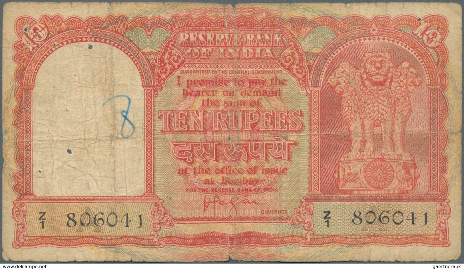 India / Indien: Gulf Issue 10 Rupees ND P. R3, Used With Folds, Creases, Stain And Small Holes In Pa - India