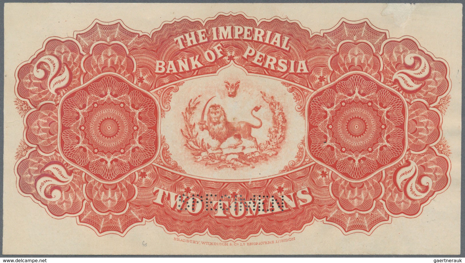 Iran: Imperial Bank Of Persia Front And Reverse Specimen Of 2 Toman 1890-93, Printed By Bradbury & W - Iran