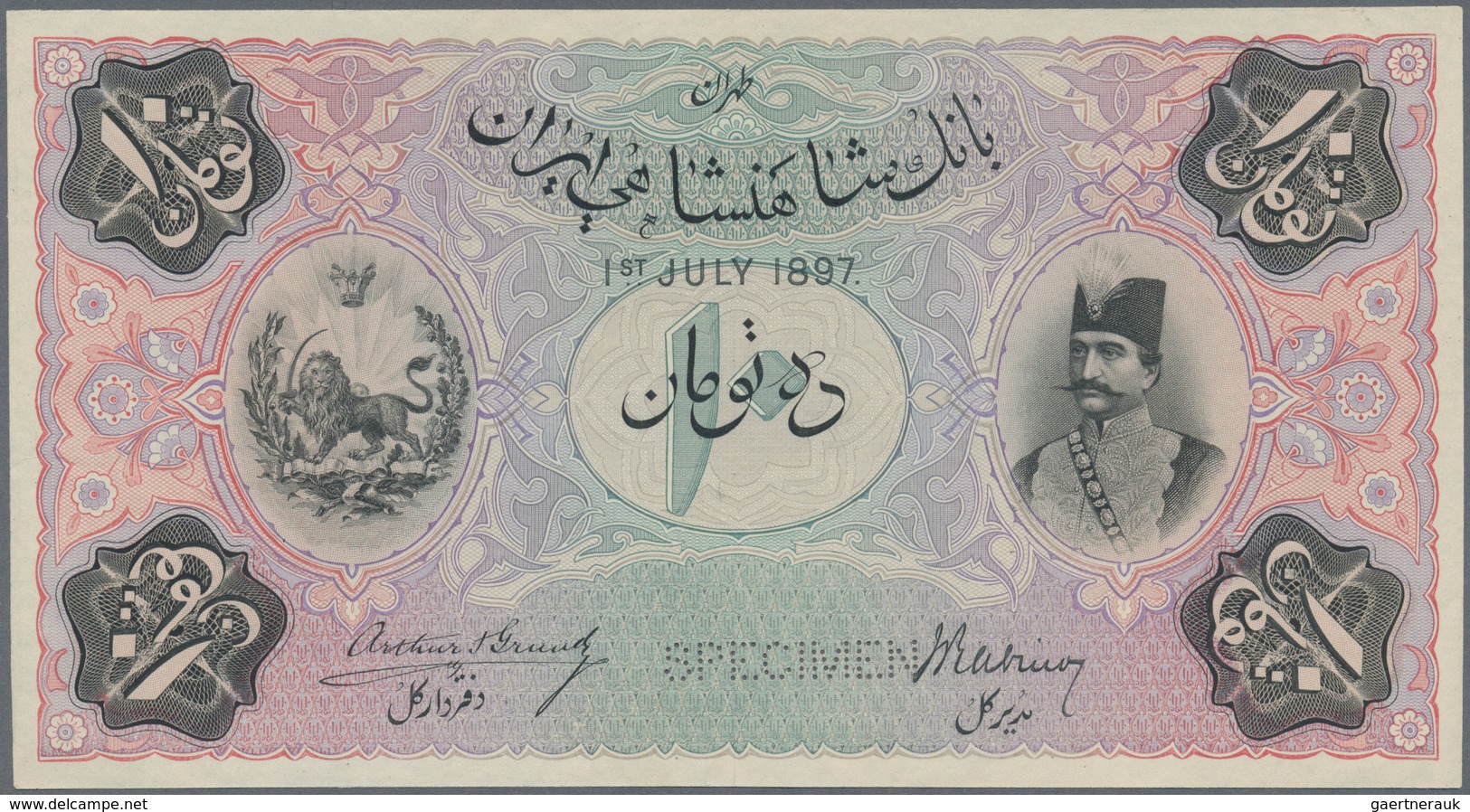 Iran: Imperial Bank Of Persia Front And Reverse Specimen Of 10 Toman July 1st 1897, Printed By Bradb - Iran