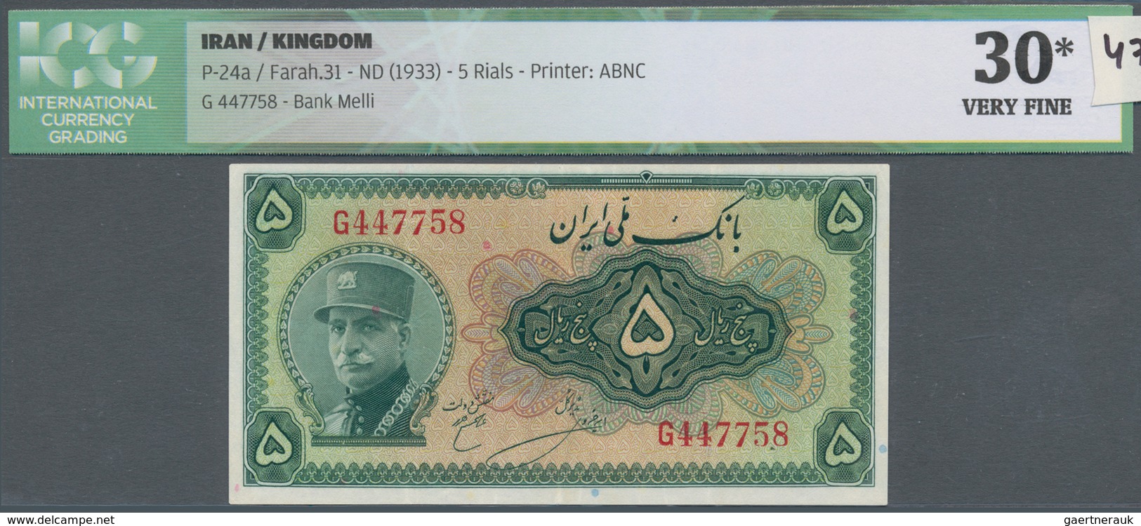 Iran: 5 Rials ND(1933) P. 24a, S/N #644758, With Center Fold And Handling In Paper, Additional Verti - Iran