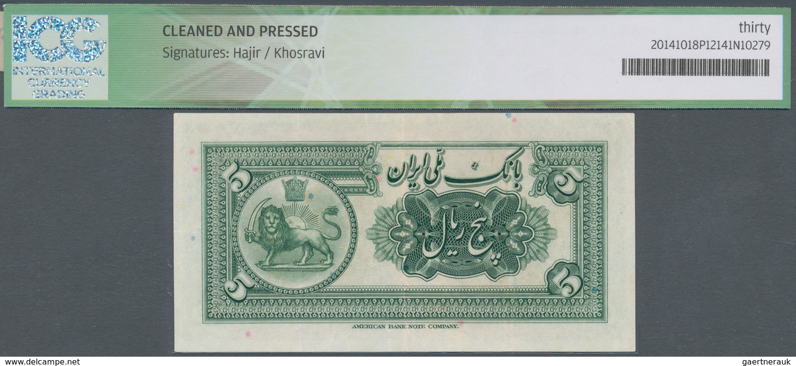 Iran: 5 Rials ND(1933) P. 24a, S/N #644758, With Center Fold And Handling In Paper, Additional Verti - Iran