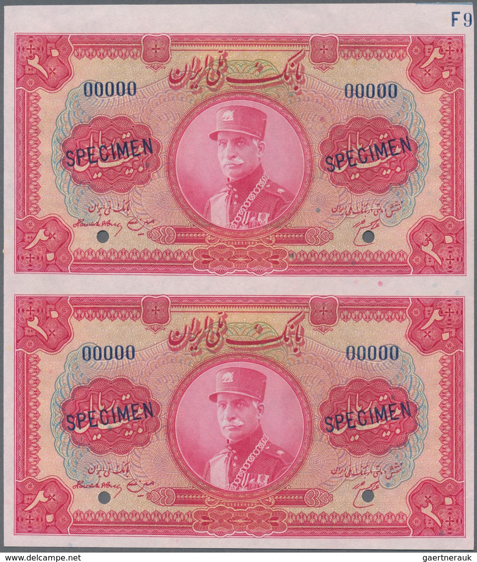 Iran: Uncut Pair Of The 20 Rials SH1313 (1933-34) SPECIMEN, P.26as With Diagonal Overprint "Specimen - Iran