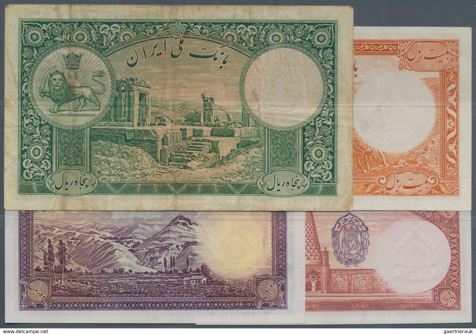 Iran: Set Of 5 Banknotes Containing 5 Rials 1942 P. 32Ae (aUNC), 10 Rials 1938 P. 32Aa (UNC), 20 Ria - Iran