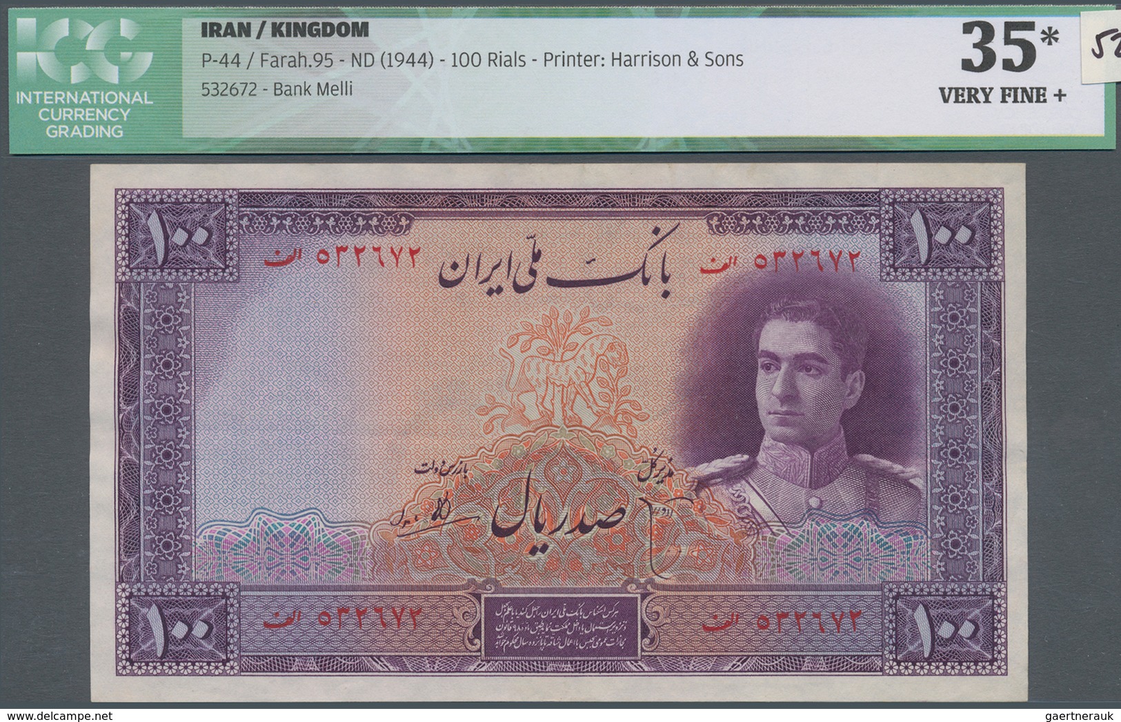 Iran: 100 Rials ND(1944) P. 44, Printed By "Harrison & Sons", S/N 532672, With Crisp Original Paper - Iran